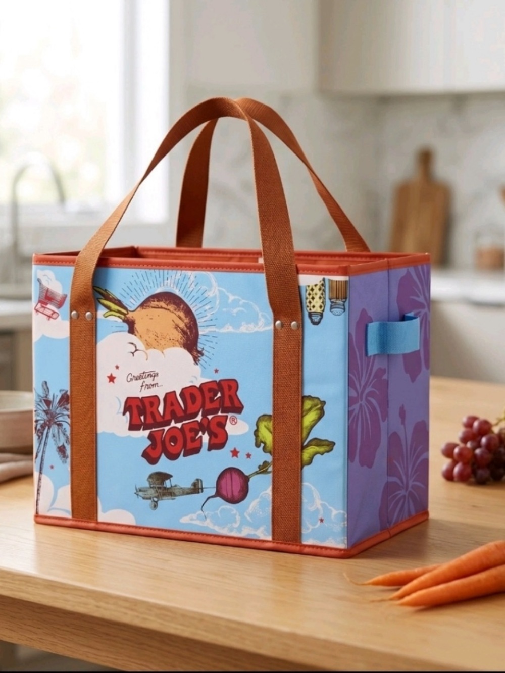 One Trader Joe’s Stand Up Collapsible Tote Bag Reusable Sturdy Colorful Fun NWT